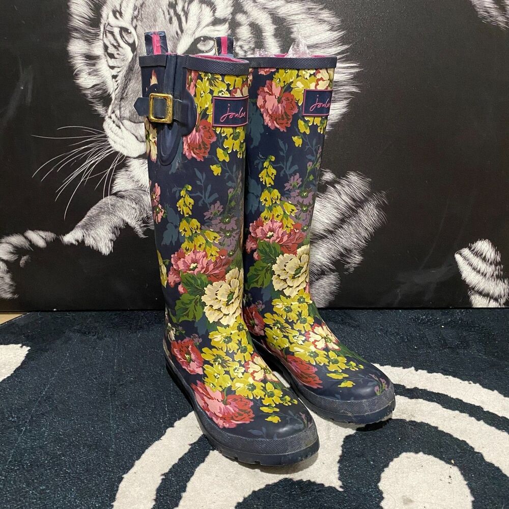 Joules Wellington Rain Boot Women's 8 Blue Floral Rubber Waterproof Pull-On